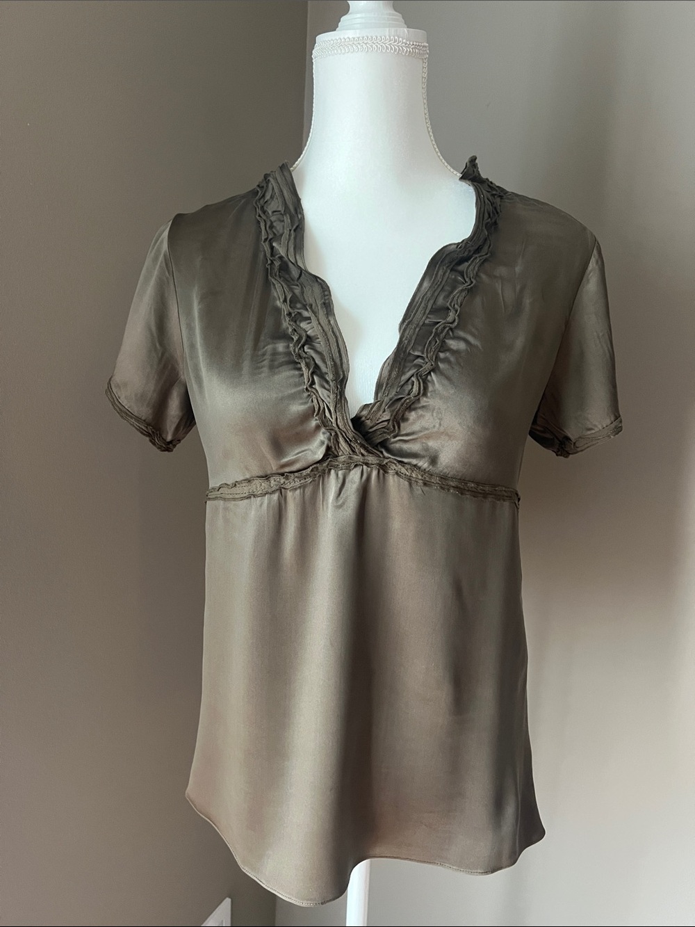 BCBGMaxAzria Olive-Taupe Satin Short-Sleeve Blouse